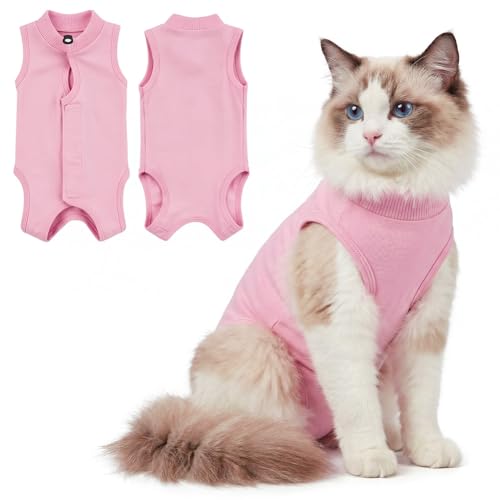 AYESY Trajes de Recuperación para Gatos, 2 Piezas Profesional Body de Recuperación Heridas Abdominales Suave Transpirable Pijama contra Lamer para 1.8-3.6 Kg Gato Esterilización Rosa M
