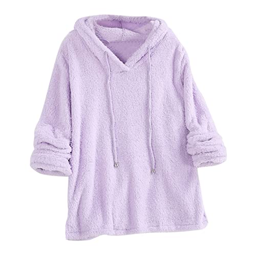 Ninedayx - Sudadera con capucha de forro polar para mujer, top de invierno para mujer, talla grande, camiseta de manga larga de felpa con cuello en V, parte superior lisa con cordón, A5 Violeta., M