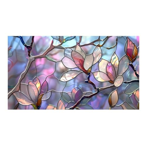 JOONOR Retro Magnolia Sunroof Film,Stained Glass Decals Colorful Floral Window Privacy Film for Car Sunroof Living Room Sun Blocking Decor Removable Static Cling PVC Stickers, 17.72 x 35.43 Inch