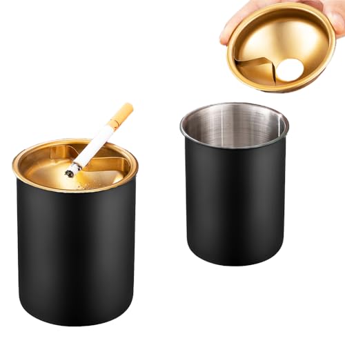 2 PCS Stainless Steel Ashtray Stylish Desktop Smoking Ash Tray Windproof Cigarette Ashtray with Funnel Lid for Indoor or Outdoor Use Home Office Garden Decoration (Black)