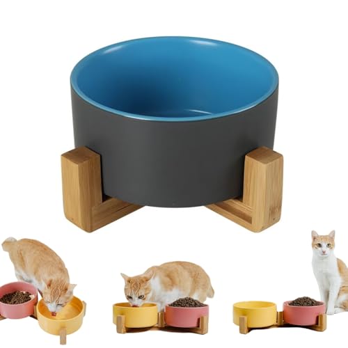 BFGQFAN セラミックペットボウル 猫犬兼用滑り止め食器 取り外し可能木製スタンド 転倒防止安定ベース ペット早食い防止皿 中型犬子犬対応 陶器ペット用品 清潔にしやすい マルチカラー選択 (ブルーグレー(シングルボウル),15.5cm(850ml))