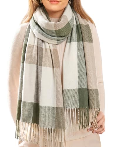 Image of Vijamiy Womens Winter Scarf, Soft Checked Tartan Scarf for Women, Long Warm Shawl Wrap with Tassels, Lightweight Ladies Scarf for Autumn Winter, Green & White