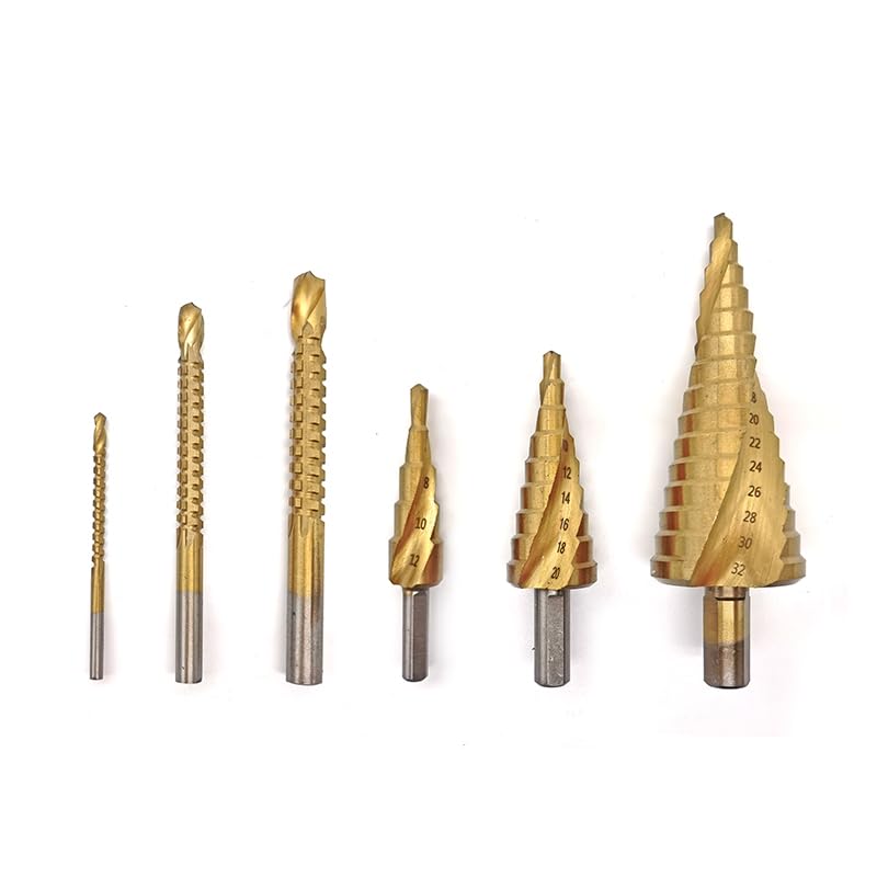 Broca escalonada, Broca cónica escalonada HSS, 6 piezas 4-12 mm 4-20 mm 4-32 mm Broca de titanio HSS Herramientas eléctricas de perforación Espiral de metal Acero de alta velocidad Cortador de agujero
