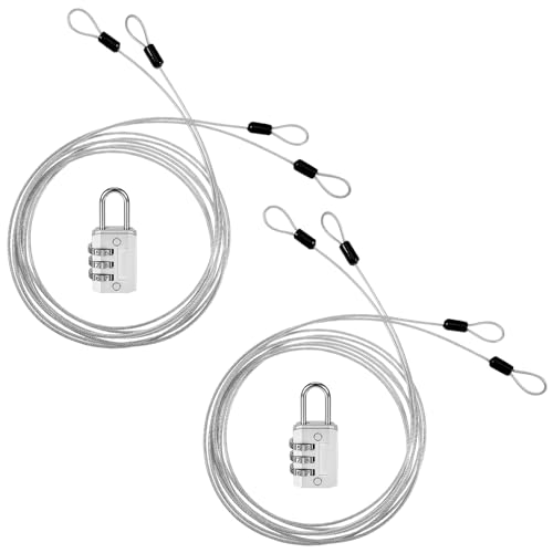 2 Pcs Cable Lock Double Loops 6.6Ft 2.5mm Long Silver Luggage Lock Safety Cable with Lock Stainless Steel Braided for Luggage,Outdoor, Clothesline
