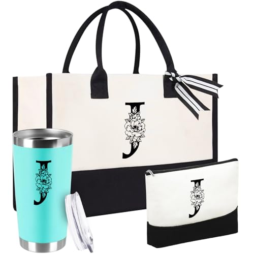 Mother's Day Gifts for Women Her - Initial Canvas Tote Bag & Makeup Bag, Personalized Birthday Gifts for Mom