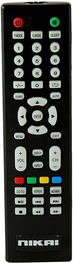 Nikai TV remote control with various buttons for power, volume, channel, menu, and input selection.