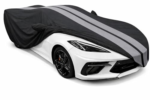 SR1 Performance USA C8 Corvette Car Cover Outdoor 20202026 Ultraguard Custom Fit Stingray Z06 Z51 E-Ray Water Resistant Breathable UV Protection Wind Secure with Bag (Black with Gray Stripes)