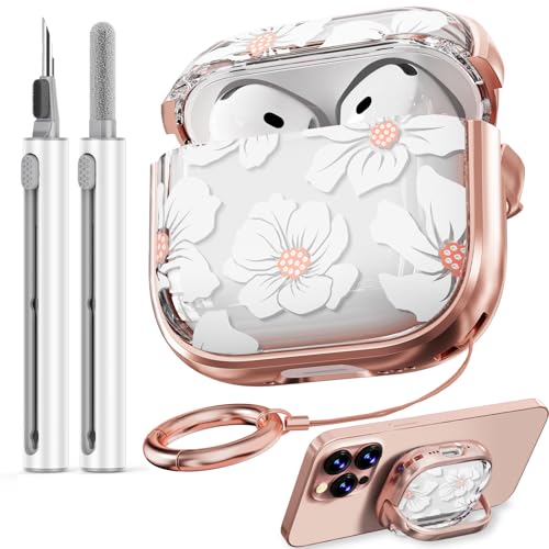 Image of Inesore for AirPods 4 Case Cover 2024 with Lock-White Lily | Two-Piece Design,with Gold Keychain & Cleaning Pen,Support Wireless Charging,Cute Luxury Case for Women Girly