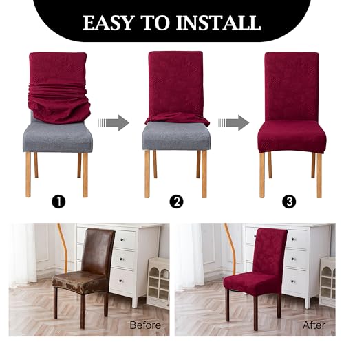 Image of Waterproof Dining Chair Cover Set of 4,Kitchen Chair Cover,Wine | Stretch Dining Room Chair Slipcovers with Leaf Jacquard,Removable Kitchen Chair Protector for Home,Restaurant,Banquet