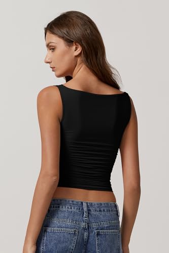 QINSEN Women's Cowl Neck Top Sleeveless Ruched Double Lined Crop Top Y2k T Shirts4