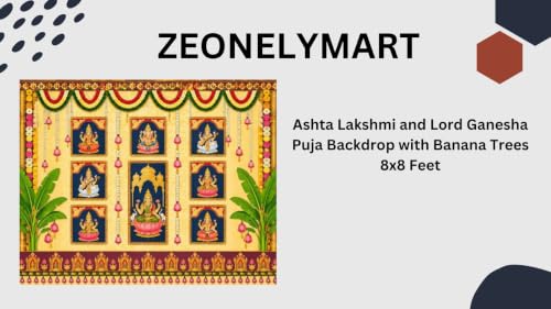 Image of sravanamasam Pooja Decoration Backdrop | Lakshmi and Lord Ganesha Puja Backdrop with Banana Trees 8x8 Feet |Lakshmi Pooja Background | varalakshmi Pooja Decoration Backdrop