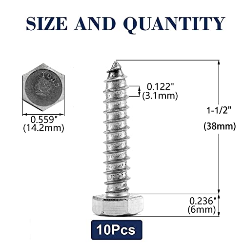 Image of 3 /8 inch x 1-1 /2 inch Hex Head Lag Screws Bolts 10Pcs 304 Stainless Steel 18-8, Partial Thread, Hexagon Head Wood Screws by SG TZH