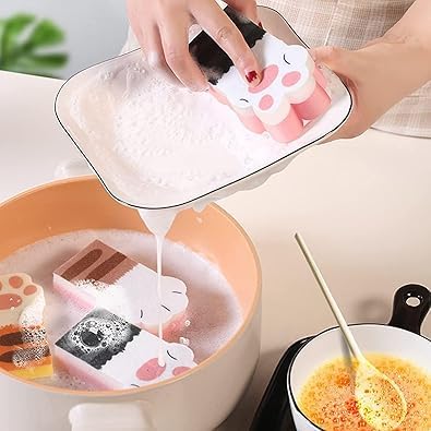 Image of 3Pcs Pink Random Style Cat Claw Design Kitchen Cleaning Sponges,Cute Household Cleaning Tool,Claw Design Non-Scratch Dishwashing Scrub Sponge Kitchen Cleaning Tool,Household Supplies