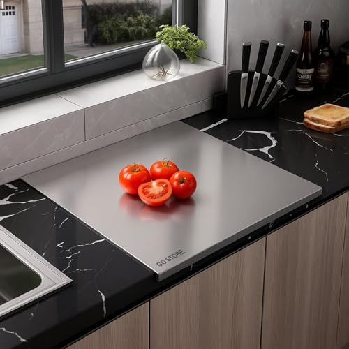 Image of Go Store Premium (35 X 30 CM) Stainless Steel Countertop Chopping Board for Kitchen, Food-Grade, Ideal for Vegetables, Fruits, Meat, Baking, Non-Slip, Anti-Bacterial