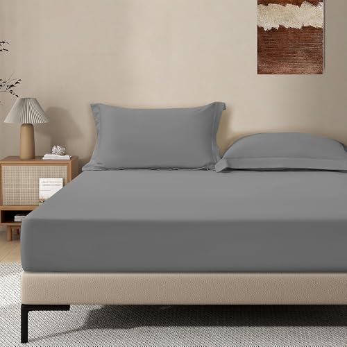 Image of Dark Grey Fitted Sheet,Twin Size Fitted Sheet with Deep Pocket 18 inch,Ultra Soft & Breathable FittedSheet Easily Fits 18 inch to 24 inch Mattress