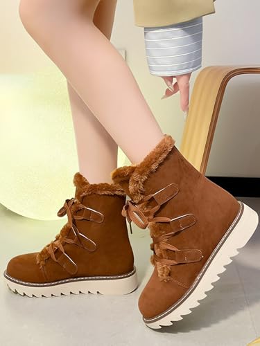 Snow Winter Boots for Women, Plush Lined Hiking Snow Winter Boots, Comfortable Hiking Booties Furry Mid Calf Warm Lightweight, Lace Up Platform Winter Boots2