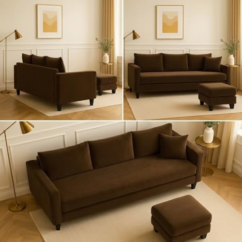 Image of FURNY Conva 4 Seater L Shape Sofa Set with Movable Ottoman | Flexible Left or Right Layout | Plush Velvet Fabric (Dark Brown) | Perfect for Living Room, Guest Room & Office