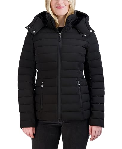 Nautica Women's Short Stretch Puffer Jacket with Fur Hood