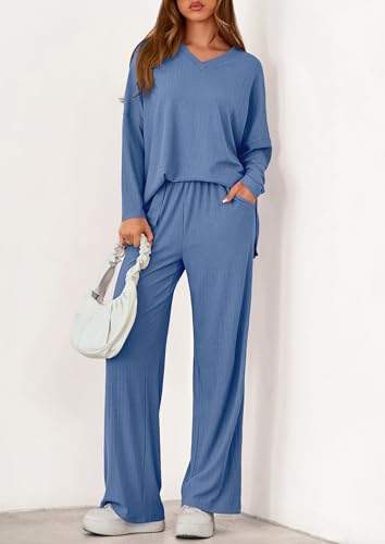 PRETTYGARDEN 2 Piece Lounge Sets for Women Fall Outfits 2025 Casual Loose Long Sleeve Tops Wide Leg Pants Matching Pajama Set