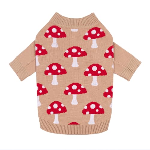 Image of Fitwarm Mushroom Dog Knitted Sweater, Cozy Winter Clothes for Small Dogs Boy Girl, Soft Pet Outfit, Beige, Red, White, Medium