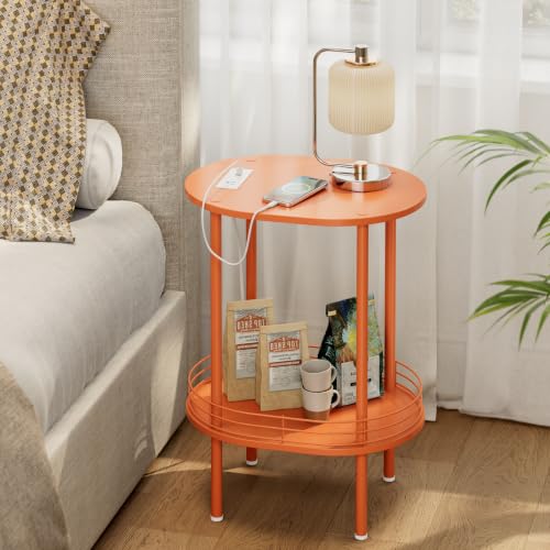 Image of Small Oval Side Table with Charging Station, 2-Tier Orange Round End Table | Narrow Nightstand with USB Ports and Outlets, Bedside Table for Small Space - Living Room, Bedroom, Nursery,(1PC,Orange)