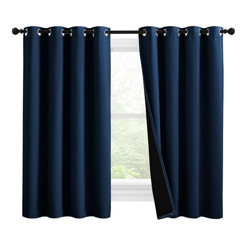 NICETOWN 100% Blackout Curtains with Black Liners, Thermal Insulated Full Blackout 2-Layer Lined Drapes, Noise Cancellation Window Draperies for Dining Room (Moroccan Blue, 2 Panels, 55" W by 57" L)