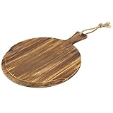MyGift Brown Burnt Wood 16 x 12 Inch Round Pizza Peel Board Serving Tray with Handle & Rustic...