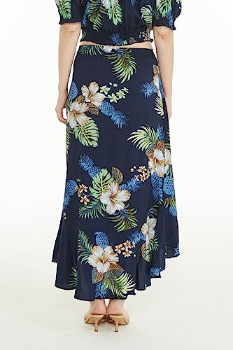 Matchable Women's Hawaiian Print Smock Top and Wrap Ruffle Skirt in Pineapple Garden Navy3