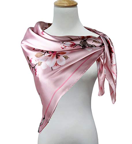 Vabovin 35" Ladies Satin Square Silk Like Hair Scarves And Wraps Headscarf For Sleeping (Pink Flowers) #TOP1