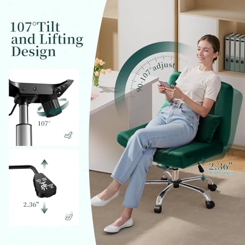 Image of Velvet Criss Cross Desk Chair with Wheels, Luxury Cross Legged Office Office, Swivel Wide Seat Vanity Chair, Armless Adjustable Height Gaming Chair Gift, Dusty (2, Green)
