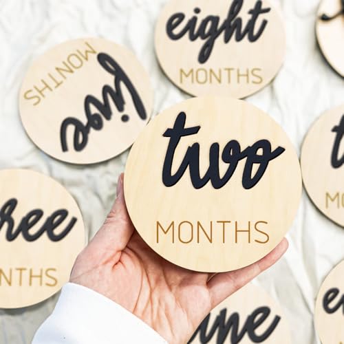 Image of Baby Monthly Milestone Markers Disc, Wooden 3D Milestone Cards for Photos, Baby Announcement Sign, 1-12 Months, Wooden Baby Milestone Sign (Black)