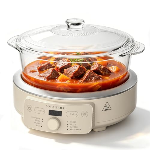 Image of MAGNIFIQUE Slow Cooker, 4.5 Quart 8-in-1 Glass Pot Multi-Cooker, Non-Toxic Slow Cooker with Removable Borosilicate Glass Pot, for Rice, Pasta, Steam & Proof, Oatmeal