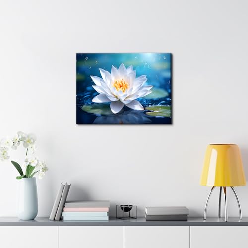 Image of Lotus Flower Wall Art Zen Bathroom Pictures Wall Decor Nature Water Blooming White Floral Canvas Painting Blue Meditation Room Decor Spiritual Spa Yoga Artwork Home Living Room Decorations 12x16 inch