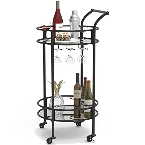 Round Black Rolling Bar Cart with 2 Mirror Shelves, Wine Rack and Lockable Casters, Suitable for Home Kitchen, Club, Living Room, Thanksgiving, Christmas, New Year, 15