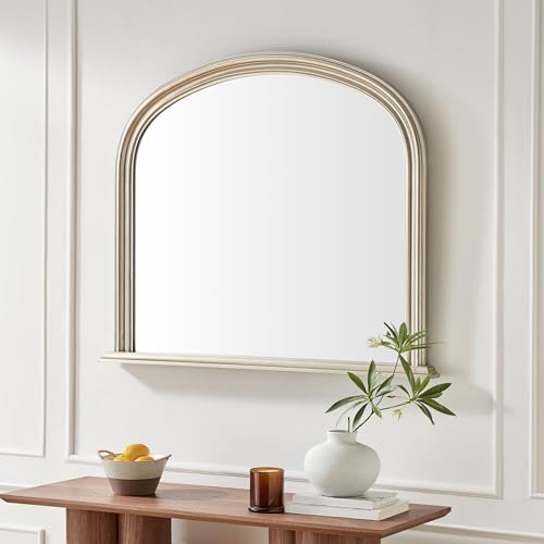 Furniturebox UK 'Cecily' Large Silver Wooden Overmantle Arch Mirror 110x90cm, Moulded Ridge Arched Statement Chunky Wood Frame, Decorative Regencycore Style For Bedroom, Living Room, Hallway