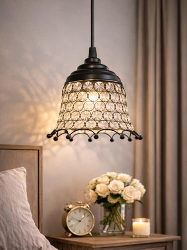 Image of Modern Crystal Pendant Light for Bedroom & Living Room | Decorative Hanging Ceiling Lamp | Warm White Ambient Light | Black Metal Frame Chandelier (Royal Victorian Bell)