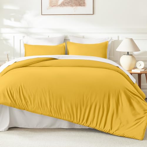 Image of Litanika Mustard Yellow Comforter Set Queen Size, 3 Pieces Lightweight Solid Bedding Comforter Set, All Season Fluffy Bed Set (90x90In Comforter & 2 Pillowcases)
