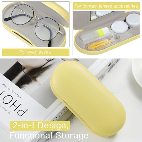Image of MoKo Double Eyeglass Case, Contact Lens Case with Mirror Tweezers Remover, 2 in 1 Double Sided Portable Contact Lens Box Holder Container Soak Storage Kit Sunglasses Pouch for Men & Women, Yellow