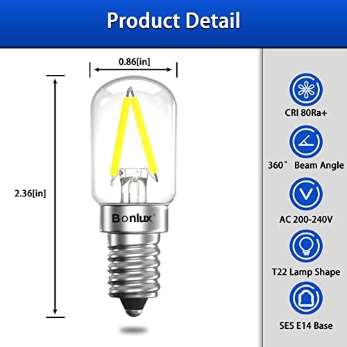 Bonlux 2W LED Fridge Light Bulb E14 Refrigerator Bulb Cool White 6000K 15W Incendescent Equivalent Energy Saving LED Pygmy Bulb SES E14 LED Appliance Bulb for Freezer/Range Hood2-Pack, Non-dimmable