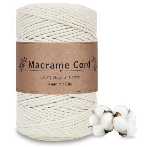 DOBIGER Filo per Macramè 4mm x 170m - Corda Spessa in Cotone Naturale Beige (4 Fili Intrecciati), Perfetta per Arazzi Grandi, Appendiabiti Robusti, Cesti e Decorazioni Fai da Te con Effetto Visivo