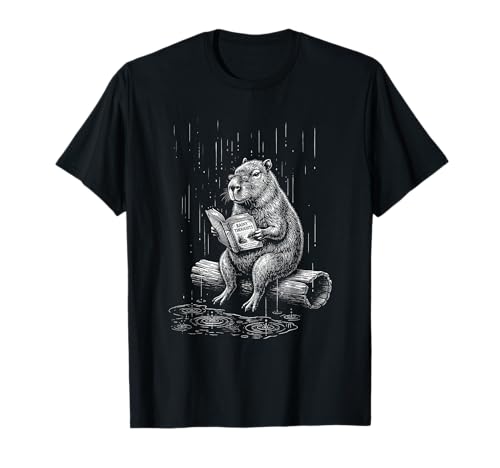 Vintage Capybara Reading on A Rainy Day Men Women Book Lover T-Shirt