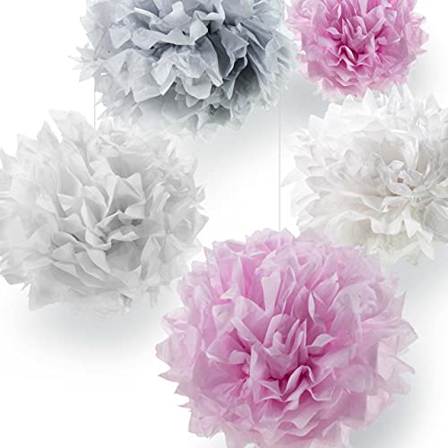 Pumpko® Decor 10 Pompons en Papier de Soie pour Mariage ou fêtes d‘Anniversaire | Pompon pour la Décoration de Table | Fleurs Déco pour Un Événement | Pompoms de Couleurs Rose, Gris Clair, Blanc Cover