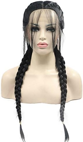 1B# Black Double Braids Synthetic Lace Front Wig with Baby Hairs 2 Braid Wigs Long Middle Parting 2 braided with Natural Braided Synthetic Wig Braiding Heat Resistant Fiber Hair for Woman