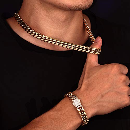 Luxfine 10/12Mm Miami Cuban Link Chain 14K Real Gold Plated Premium Stainless Steel Necklace Hypoallergenic Hip Hop Jewelry For Men Women Christmas Father Day Birthday Gift (Double-Sided Iced Out Clasp, With Box & Pouch) #TOP3