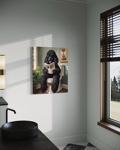 Image of Poodle Black on Toilet Wall Art Print Canvas Wrapped, Dog Bathroom Humor Decor Posters Prints for Restroom Home Picture Painting Artwork Gallery 7 (Poodle Black, 20 inchL x 16 inchW CANVAS, Wrapped Canvas)