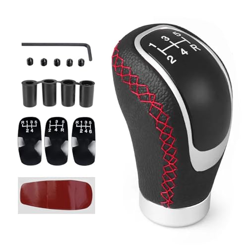 Juttzzei Schaltknauf 5 Gang, Universal Schaltknäufe, Premium-Leder Schalthebel Auto, Manueller Schaltknauf mit 4 Adaptern 8mm 10mm 11mm 12mm für Manueller Autos mit 5 Gang Schaltgetriebe - Rot