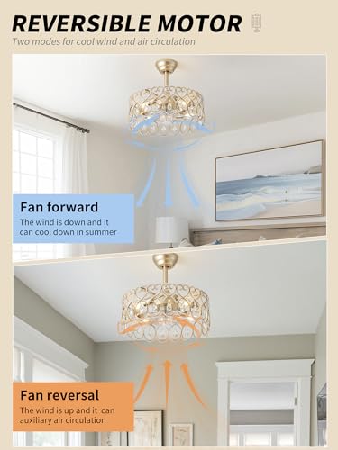 Image of SYDACG 20 inch Gold Crystal Fandelier Ceiling Fans with Lights, Gold Chandelier Ceiling Fan with Light Remote Control, Mid-Century Modern Caged 6 Speeds for Bedroom, Nursery, Foyer, Living Room