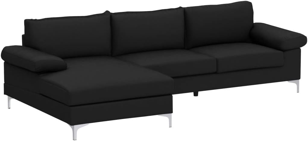 Casa Andrea Milano Modern Large Velvet Fabric Sectional Sofa, L-Shape Couch with Extra Wide Chaise Lounge, Pitch Black : Home & Kitchen
