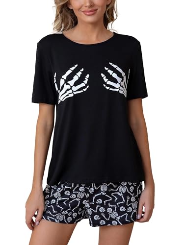 Leevuyu Halloween Pajamas Women Skeleton Pajamas Short Sleeve Tees and Shorts Halloween Skull Pjs Pajama Set Black L
