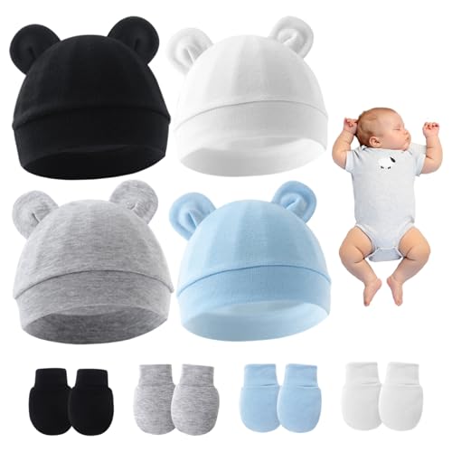 4 Set Baby Hats and Mittens, Soft Cotton Newborn Essentials Must Haves, Cute Infant Hats 0-3 Months for Boys, GirlsBaby and Mittens2